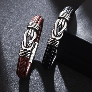 Men's Leather <b>Bracelet</b> Tibetan Silver <b>Infinity</b> Knot Braided Genuine Leather Gift Jewelry Fashion Bangle - Product Image 2