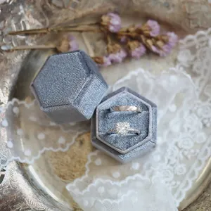 Unique Double Ring Packaging Elegant Velvet Hexagon Jewelry Box