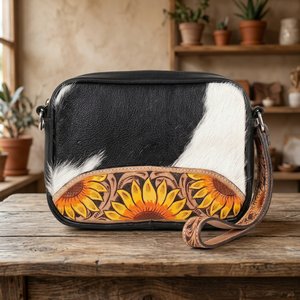 Genuine Fur Leather Wristlets <b>Bag</b> with Floral Embossing Tan Color Bohemian Style Fringe Animal Print Zipper Closure Daily Use - Product Image 2
