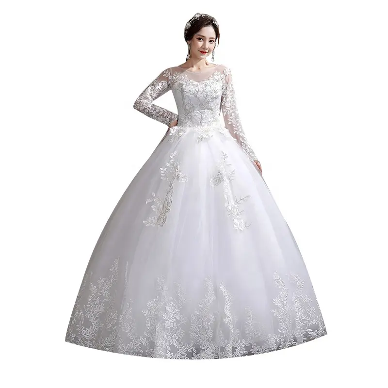 Vestidos De Novia Lace Full Sleeve Bandage Embroidered Lace Ball Gown O-Neck Cheap Wholesale Wedding Dress