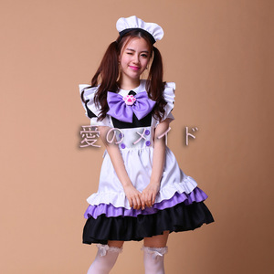 Love Maid Japanese Style Maid Outfit Blue Purple Short Sleeve Satin Cosplay Costume Women's Restaurant Uniform - Product Image 3