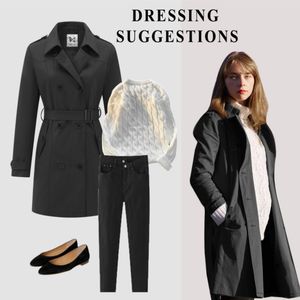 क्लासिक महिलाओं की ट्रेंच कोट, मध्य-लंबाई बेल्ट विंडप्रूफ डबल ब्रेस्टेड ओवरकोट जैकेट - Product Image 6