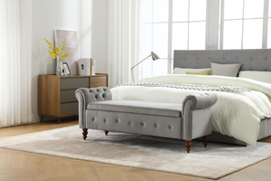 Banc de rangement moderne de luxe contemporain en bois massif avec pieds en forme de gourde, en tissu velours, pour chambre, appartement, entrée, villa, avec accoudoirs TOSEE - Product Image 6