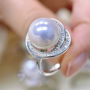 12-13mm Freshwater <b>Pearl</b> <b>Ring</b> Elegant White <b>Pearl</b> S925 Silver Three Generations Extremely Strong Light Perfectly Round - Product Image 2
