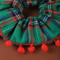 Chouchou de Noël à carreaux verts avec pompons rouges, élastique pour cheveux, chouchou vintage, accessoires pour cheveux pour femmes, pour fêtes de fin d'année