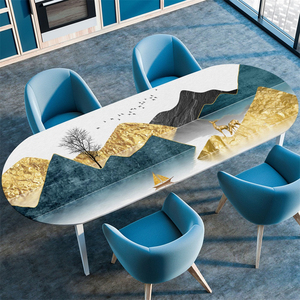 Commercio all'ingrosso tovaglia ovale in poliestere copertura in marmo paesaggio elastico bordato tovaglia per banchetti eventi di nozze - Product Image 4