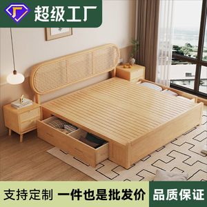 Retro Rattan Solid Wood Double <b>Bed</b> 1.8m 1.5m Storage <b>Bed</b> With Compartments Bedroom Furniture - Product Image 5