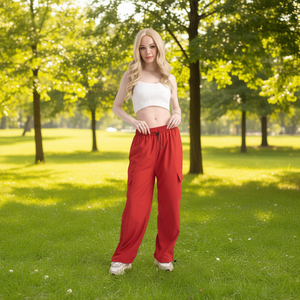 Pantaloni Cargo da Donna Dolado 100% Poliestere Vestibilità Ampia Lunghezza Intera Vita Media con Coulisse Tinta Unita Casual Estivi - Product Image 2