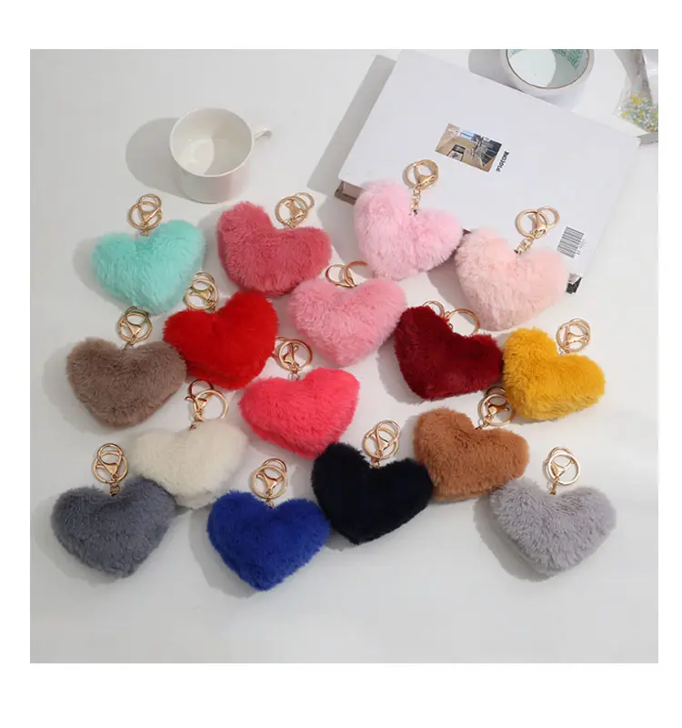 Colorido Fluffy Coração Forma Pompom Chaveiro Pom Pom Puff Bola Faux Fur Keychain Para Artesanato DIY Saco Pingente