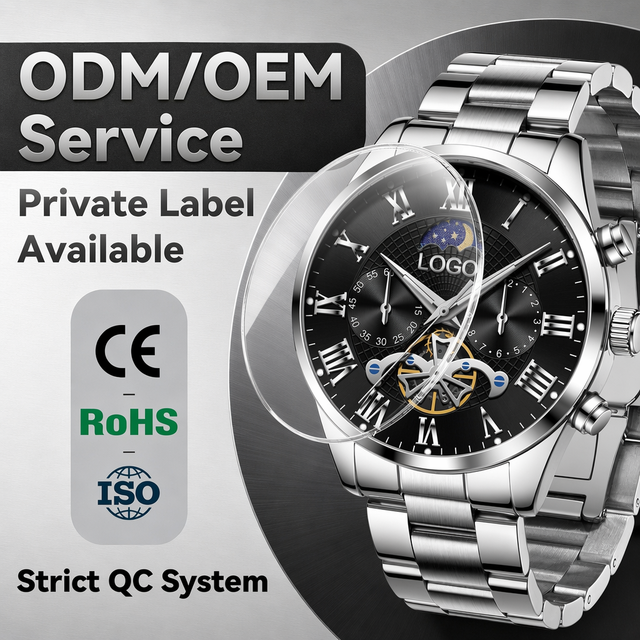 OEM ODM Manufacturer Custom logo Luxury Water Proof Fashion Stainless Steel Moon Phase Casual Classic Quartz Watch for Man