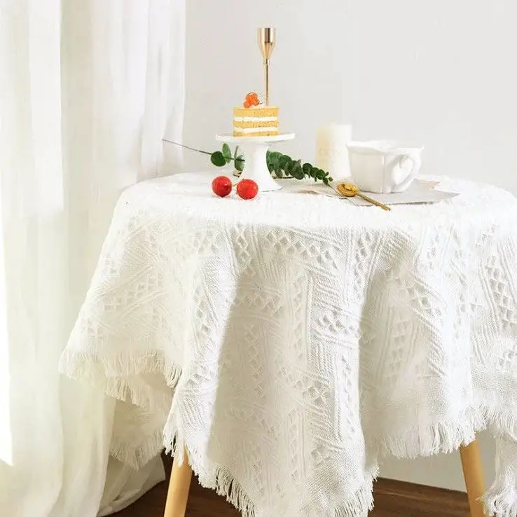 Embroidered Tablecloth Heavy Small Round Tassel Cotton Linen Table Cloth Wrinkle Free Washable Table Cover for Coffee table