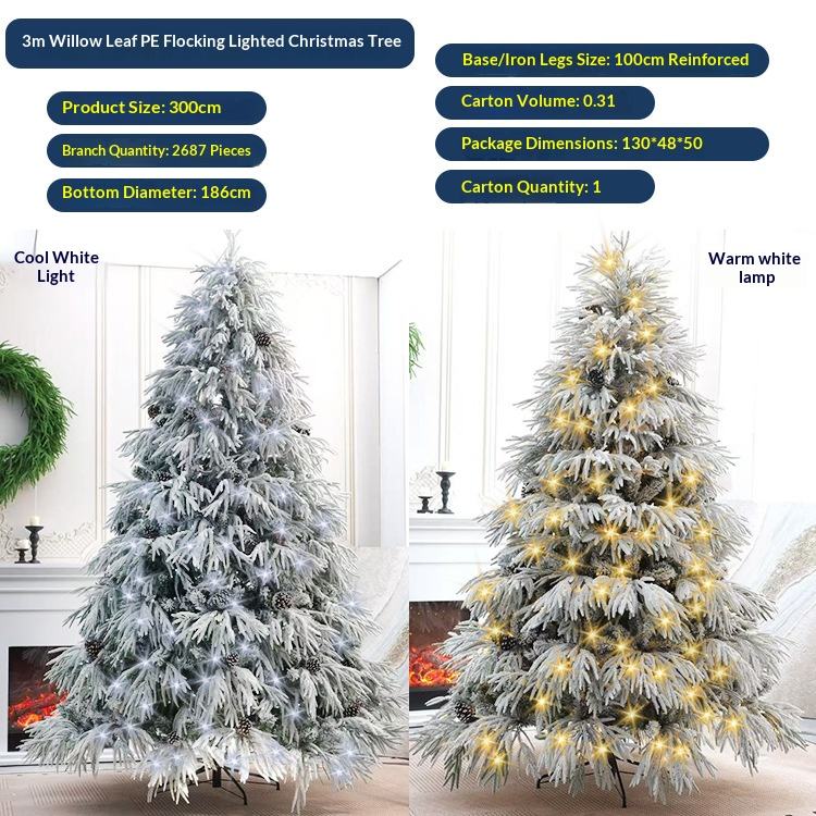 3 mètres, 2687 têtes, feuillage de saule floqué, 850 lumières.