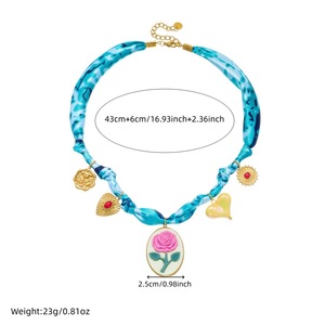 Retro Oval Flower Pendant Heart Charm Gold Plated Stainless Steel Fabric Chain Necklace Gift - Product Image 4