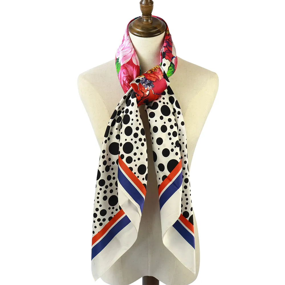 Foulard grande quadrado design de flores e pontos, seda, algodão, mistura, luxo, próprio design, lenço de seda, algodão