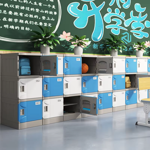Casier de rangement en plastique durable et organisé à plusieurs portes, avec portes bleues et grises, idéal pour les écoles et les gymnases - Product Image 4