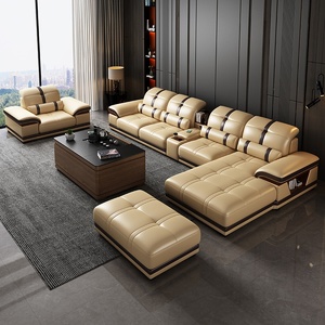 Ensemble de canapés en cuir de luxe léger et minimaliste moderne, combinaison d'angle en bois massif, éponge, pour petits salons, tissu technique haut de gamme, USB - Product Image 3
