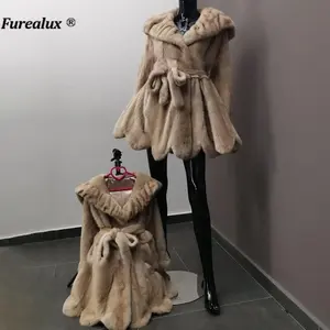 Women Genuine Mink Fur Coat Hooded Customized Loose Skirt Design Luxury Real Mink Fur Overcoat Slim Sashes Winter Warm Furs