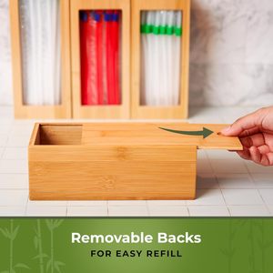 Boîte de rangement pour sacs poubelle en bambou, organisateur de sacs auto-scellants quatre en un avec couvercle en bois pour utilisation au réfrigérateur de la cuisine - Product Image 2