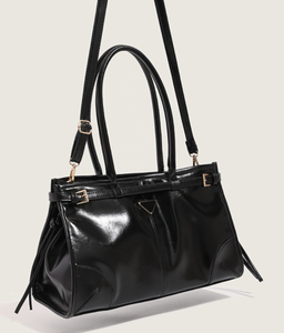 <b>Black</b> <b>Patent</b> Leather Tote <b>Handbag</b> Women Shoulder Bag Zipper Closure Foldable Durable Geometric Purse for Daily Use - Product Image 2