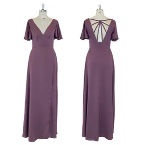 Vestido de noiva formal para mulheres, vestido de noite de cetim com decote em V profundo e costas redondas, vestido de noiva rosa antigo, elegante