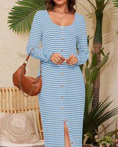 Vestidos largos de punto a rayas para mujer modesta clásica, vestidos elegantes con cuello en U y abertura alta, prendas de punto de calle a la moda con botón frontal - Product Image 1