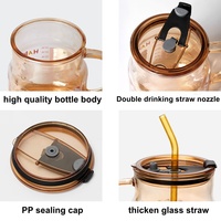 Tasses en verre ambré de 600 ml (20 oz) avec motif de dessin animé mignon, pour jus, maison, bureau, petit-déjeuner, eau, lait, avec pailles en verre et poignée