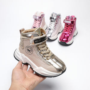 Fabricante de calçados infantis Personalizado Meninas Inverno Botas Novo Algodão Quente Zip Iluminado High-top Inglês Estilo PU Botas De Couro - Product Image 1