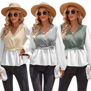 Clothing Manufacturer Casual Blouse Womens V Neck Long Sleeve Patchwork Color Block Shirt Elegant Women Tops