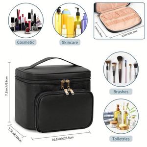 Luxury PU Leather <b>Makeup</b> <b>Case</b> Double Zipper Cosmetic Organizer with Front Pocket & Handle - Product Image 4