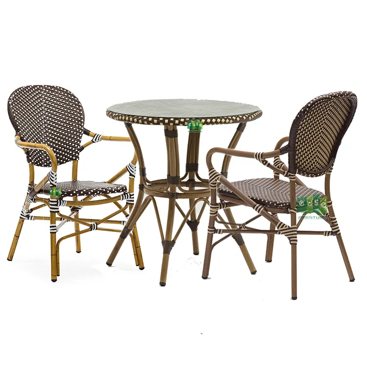 (E3011 + E9927) Francese bistro rattan da pranzo tessuto sedie con tavolo per il ristorante