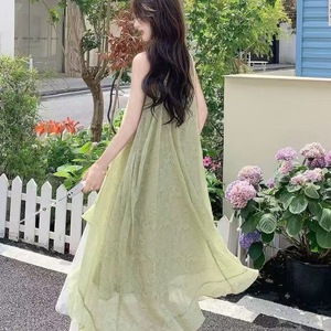 French Style Sweet Light Green Floral Print Sundress Strapless Long Dress For Holiday Celebration Casual Wear - Product Image 2