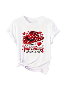 Valentine's Day <b>Women's</b> Short Sleeve Western Print T-Shirt Heart Cowboy <b>Hat</b> Round Neck Cotton Casual <b>Top</b> Spring Summer Autumn - Product Image 1