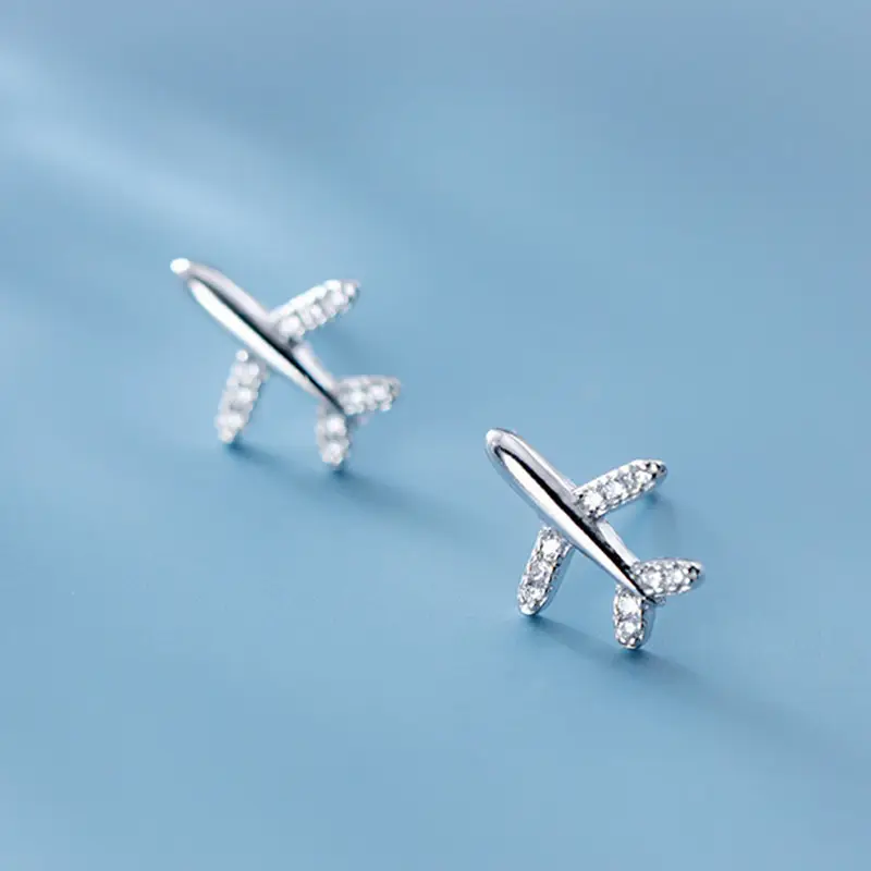 New Girl Lady's Silver Zircon Airplane Stud Earrings Mini Cool CZ Aircraft Plane Ear Stud Earrings