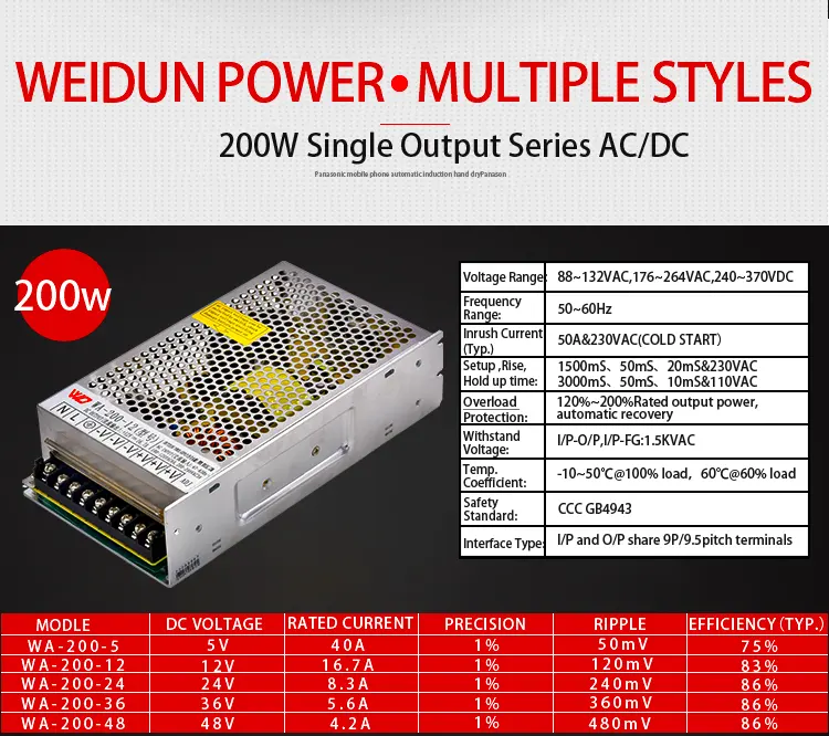 WA-200-24 24V AC Dc ספקי כוח פלט יחיד יעילות גבוהה ספק כוח החלפת מקור מתח