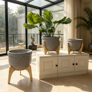 Pots à fleurs modernes en béton avec supports en bois, ensemble de 3 jardinières minimalistes d'intérieur pour plantes vertes - Product Image 1