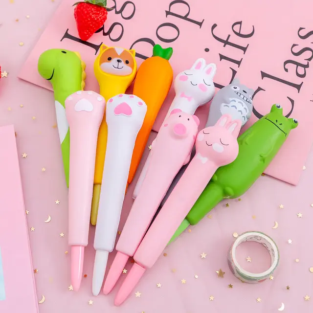 Creative giant soft pvc cute cat frog dog bunny animal carrot kids fancy toy pen 0.5mm student decompression rebound gel pen