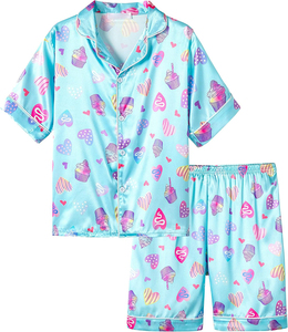 Pyjama pour enfants filles ensemble personnalisable confortable <span class=keywords><strong>été</strong></span> Satin pyjamas pour filles bébé filles chemise Shorts boutonné PJ ensembles - Product Image 3