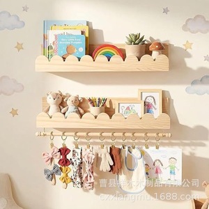 Solid Wood Wave Shaped Wall Mounted <b>Shelf</b> With <b>Hooks</b> For Childrens Room Toy Storage Organizer Natural Color Rectangle Shape - Product Image 4