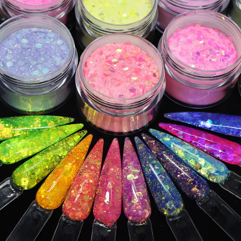 Fabricação de marca própria 30g de pó acrílico misturado para unhas com glitter Hexágono de sereia glitter acrílico para unhas