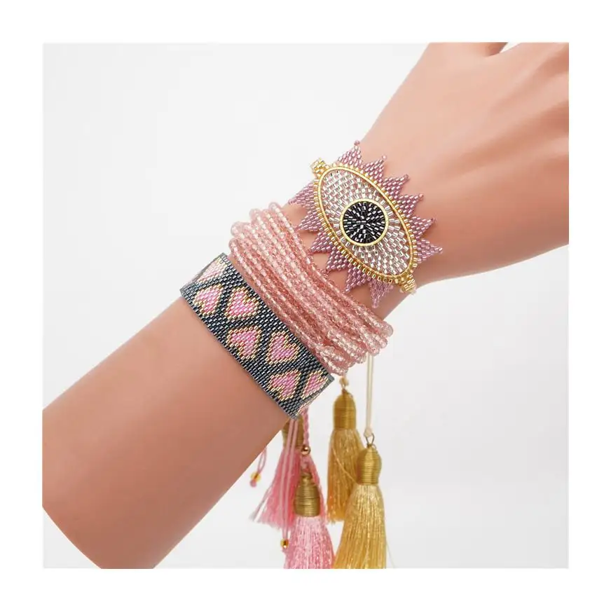 Wrist band adjustable pink loose seeds woven bead heart eye tassel miyuki bracelet for women