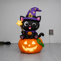 Décoration de fête d'Halloween pour extérieur et jardin : Chat noir gonflable avec citrouille et chapeau de sorcière, éclairage LED