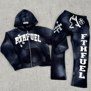 Custom Men Hoodies and Sweat Pants Set Zip up Acid Wash Tech Fleece <strong>Tracksuit</strong> Set Manufacturer Flared Sweatpants and Hoodie Set