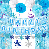 Joyeux Anniversaire – Guirlande Flocon de Neige La Reine des Neiges, Pompons en Papier, Ballons, Rideau de Paillettes Bleu pour Décoration de Fête d'Anniversaire