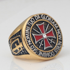 Anillo de los Caballeros Templarios, Cruz Redonda de 25 mm, Acero Inoxidable Dorado con Diamantes, Joyería Religiosa para Hombre - Product Image 1