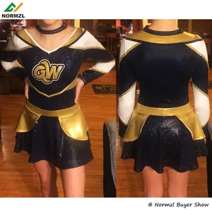 Shiny Sublimation Print Black Gold Cheerleading Costume Dance Uniform Custom Cheerleader Outfit