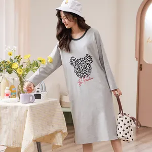 Gray cotton night gown for women ladies long dress for sleep long sleeve night gowns sleeping cotton shirts top night dresses