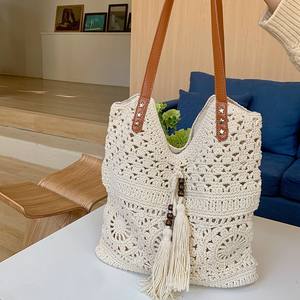 Bolso Tote de Gran Capacidad de Hombro Único de Algodón Tejido, Color Blanco Roto, con Malla Calada, para Playa y Vacaciones, Primavera 2026 - Product Image 2