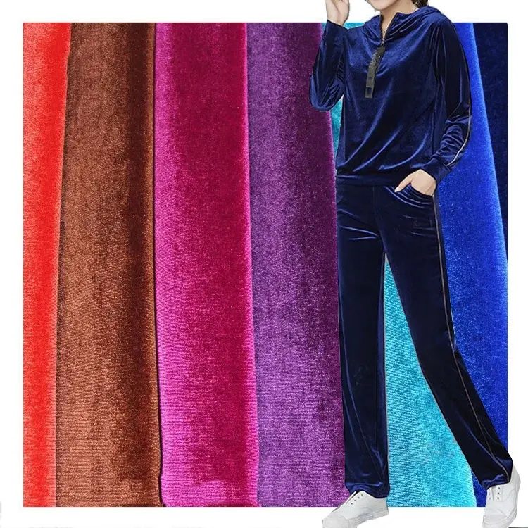 Tissu de vêtement en velours élastique tricoté en poly spandex personnalisé, extensible à 4 voies, velours coréen brillant pour femmes, robe et ensemble de sweat-shirt