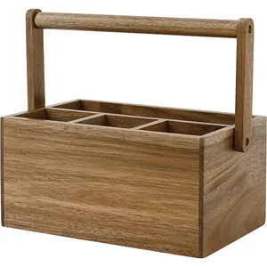 Custom Bamboe Acacia Houten Gebruiksvoorwerp Houder Met Handvat, Mulip-Pose Organizer Voor Keuken Kantoor Badkamer Slaapkamer