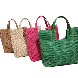 Custom Beach Straw Bag With Leather Crochet Handmade Custom Logo Shoulder Bag For Ladies Girl Large Handbags For Women
